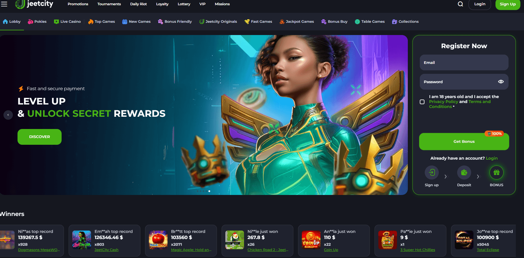 JeetCity Casino main page