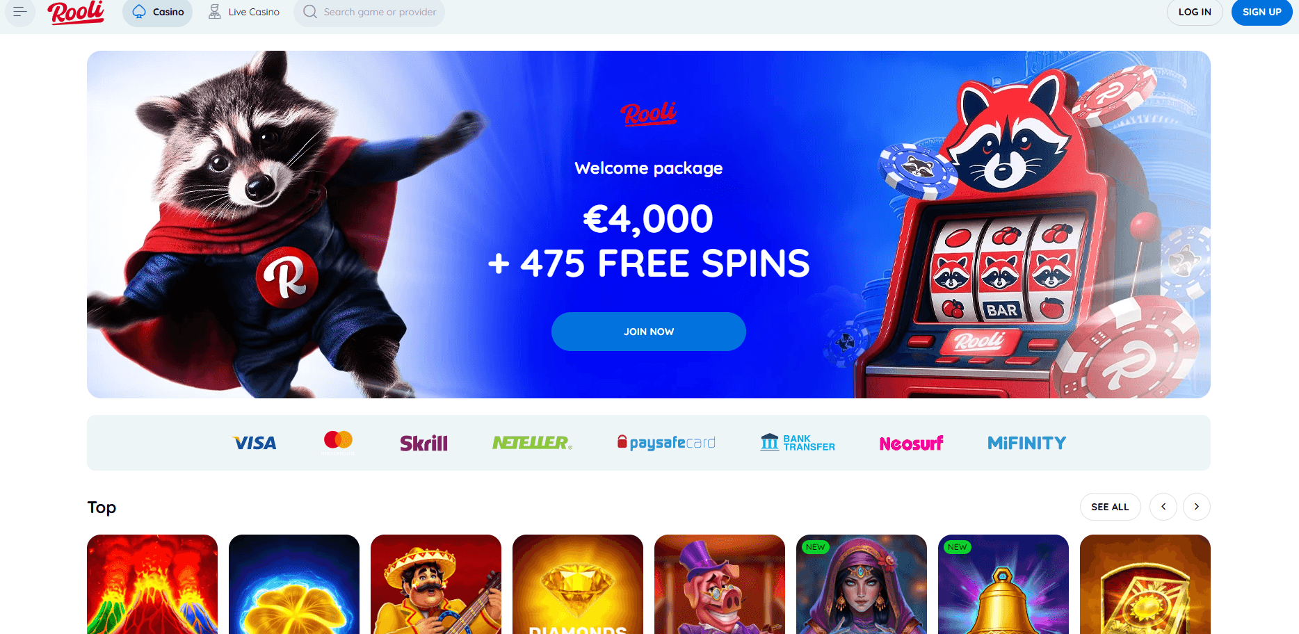 Rooli Casino main page