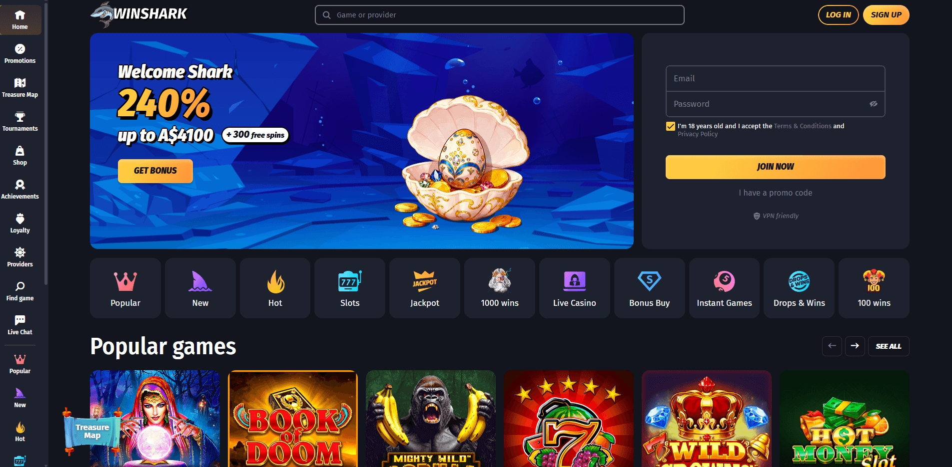 WinShark Casino main page